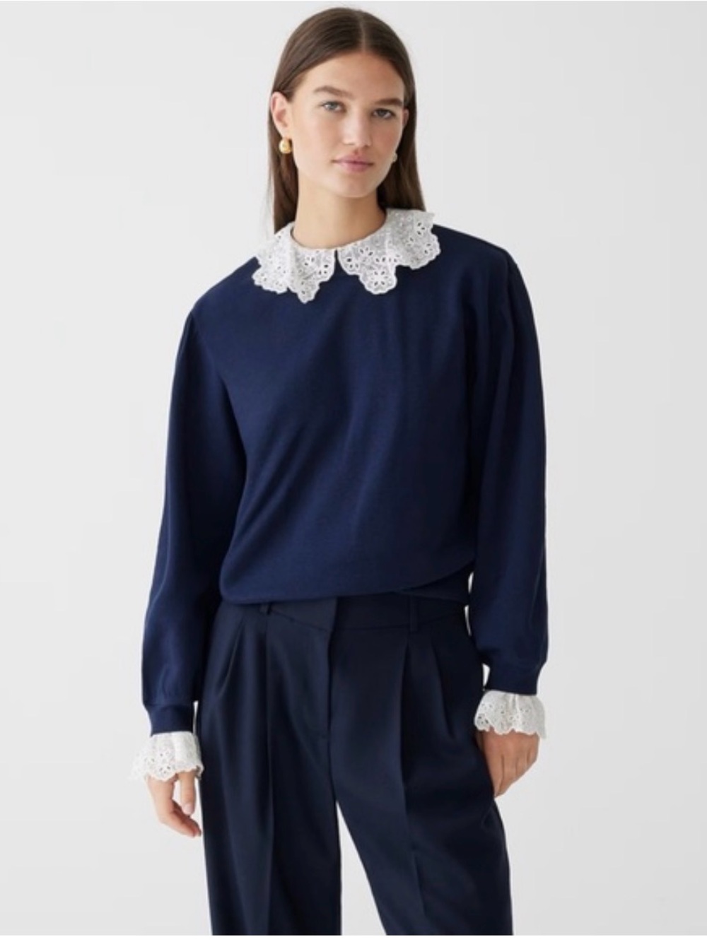 J. Crew Navy Blue Crewneck Sweater with White Lace Collar XS